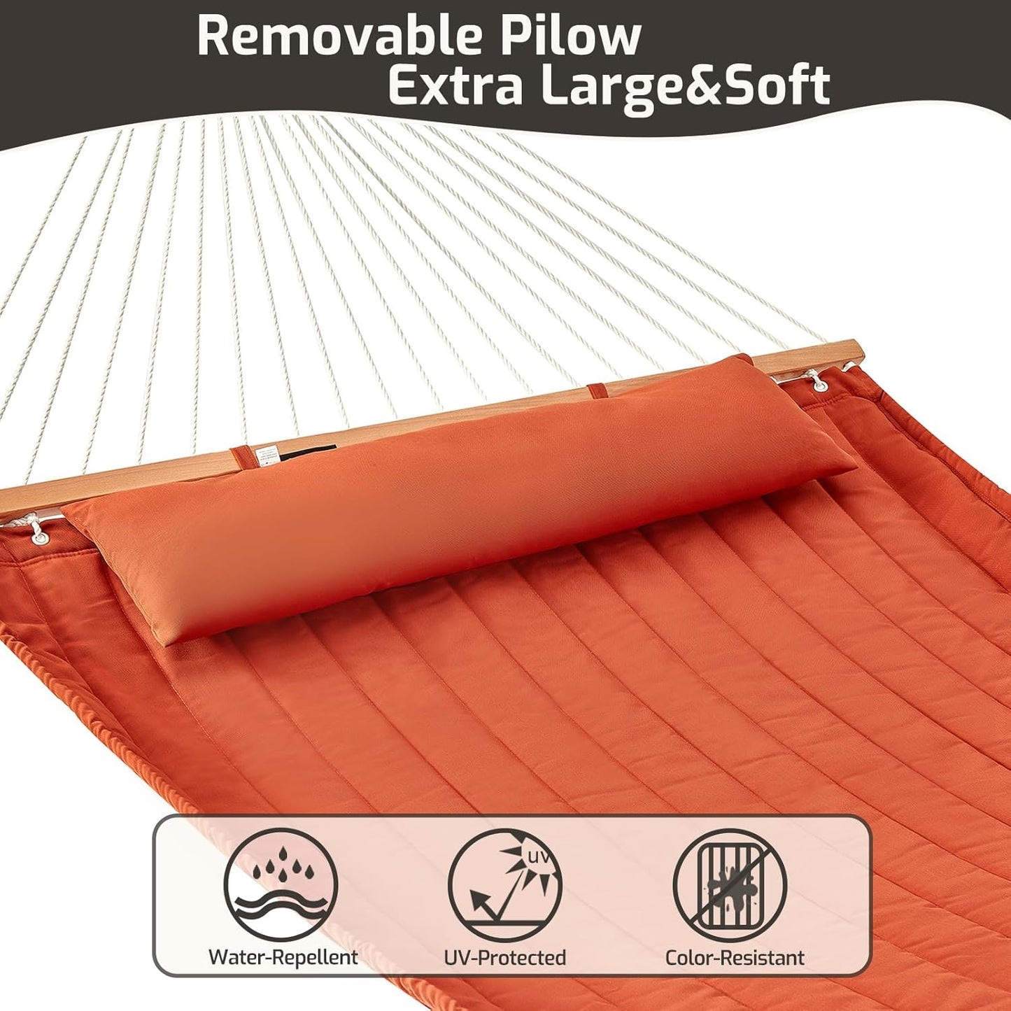 Double Quilted Fabric Hammock with Hardwood Spreader Bars and Pillow 450 LBS Capacity 2 Person Large Hammock for Outdoor Patio Backyard Poolside - Terracotta