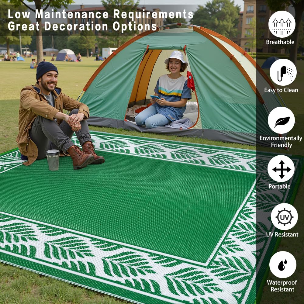 Outdoor Plastic Rug 6'x9' Waterproof Camping Carpet Outside Area Rug Reversible Green Rugs for RV Deck Entryance Porch Picnic Balcony Beach