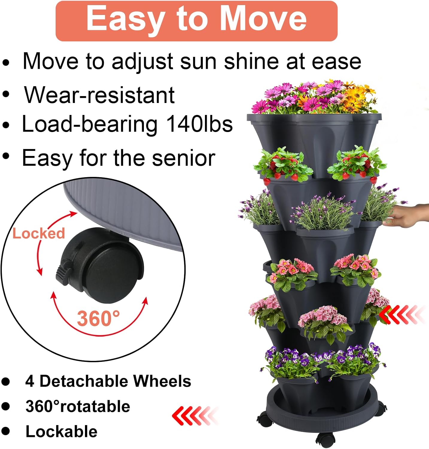 Vertical Planter 6 Tier Stackable Planters Garden Planters Strawberry Herb Flower and Vegetable Planter Indoor Outdoor Gardening Pots with Removable Wheels and Tools
