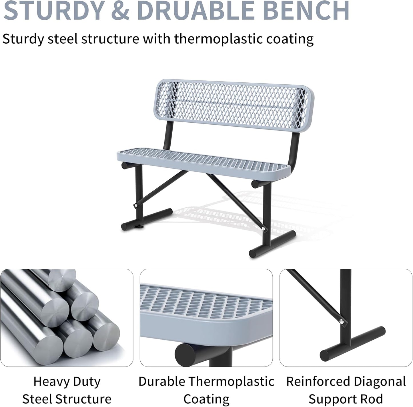4 Feet Heavy Duty Metal Park Bench for Outside, Outdoor Bench with Backrest & Portable Frame, Commercial Benches for Shopping Malls, Stores, Parks, Patios, Decks, Grey