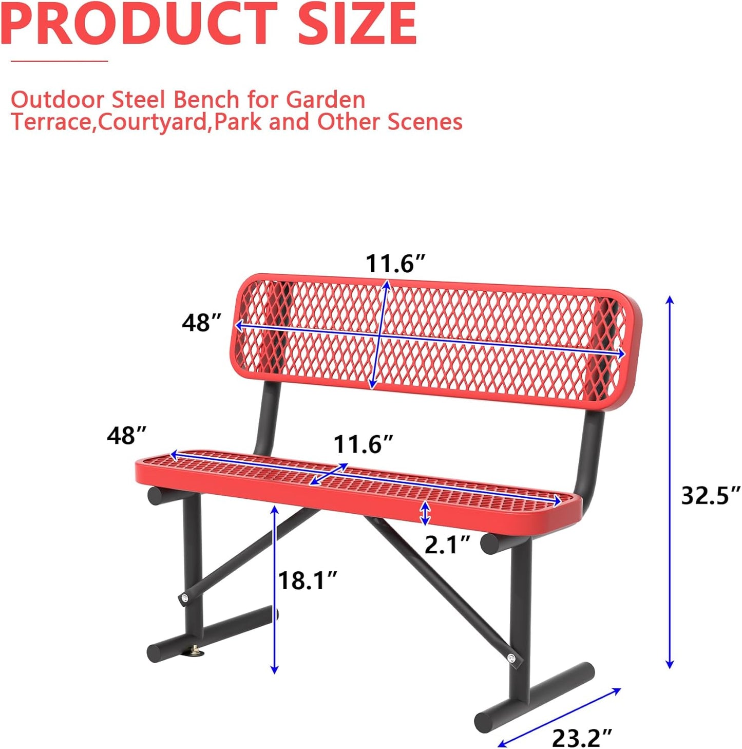 Heavy Duty Park Bench with Back Portable Frame, Outdoor Steel Bench with Backrest, Outdoor Park Bench Expanded Metal Mesh Bench for Lawn, Park, Deck, Garden, Patio, Porch, Black (Red, 4FT)