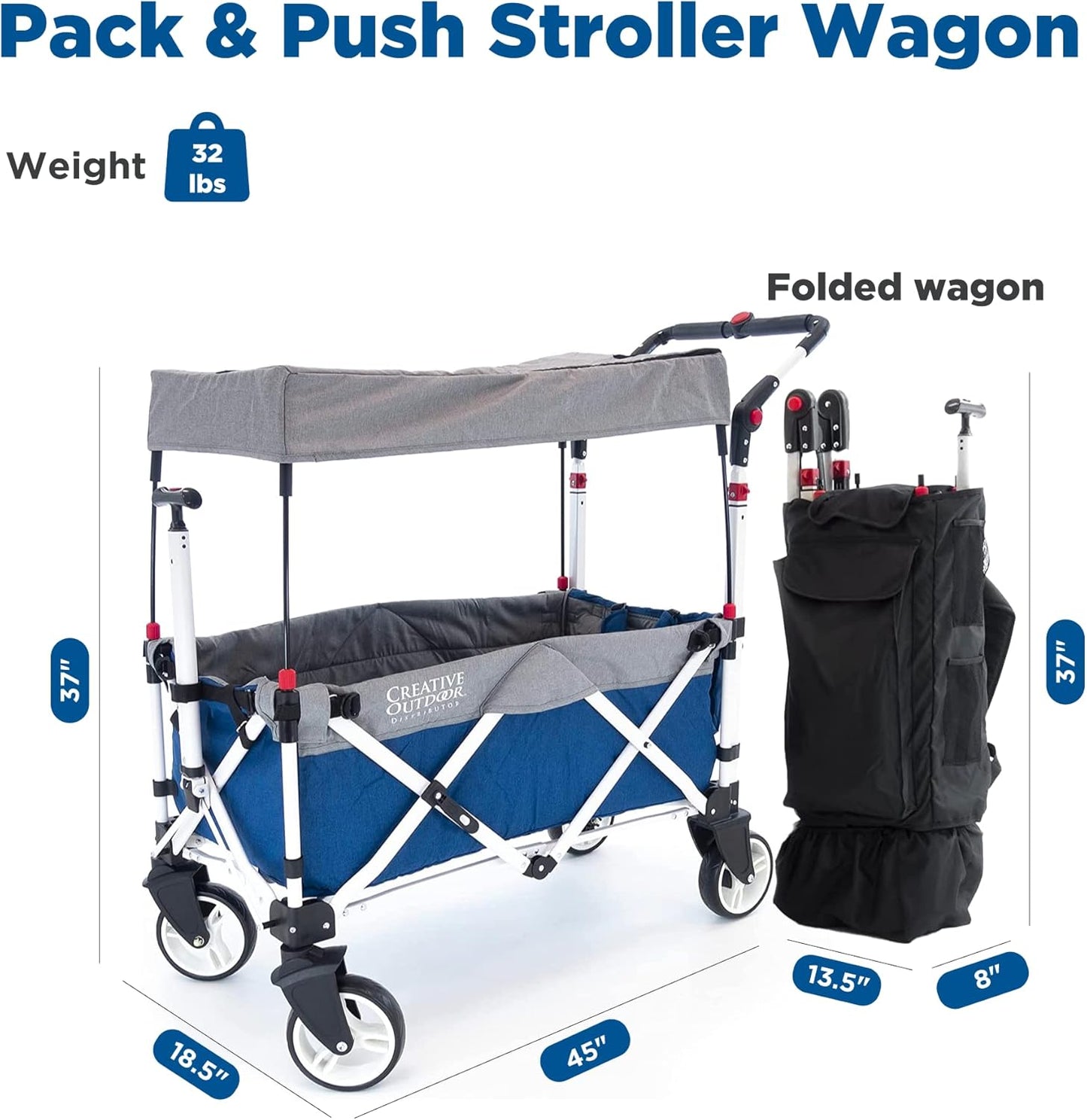 Creative Outdoor Push Pull Stroller Wagon for Kids,150lbs Weight Capacity, Collapsible Folding Cart with Canopy, Silver Series Plus, Beach, Park, Garden & Tailgate (Blue/Gray)