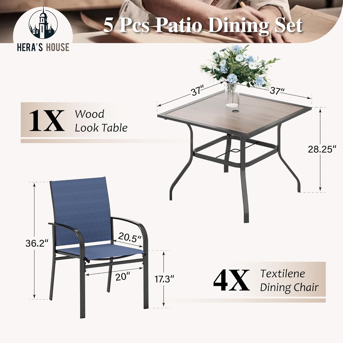 HERA'S HOUSE Outdoor Dining Set 5 Piece Patio Table and Chairs Set, 4 x Textilene Dining Chair, 37" Square Wood Look Dining Table, for Lawn Garden Backyard Deck (Blue)