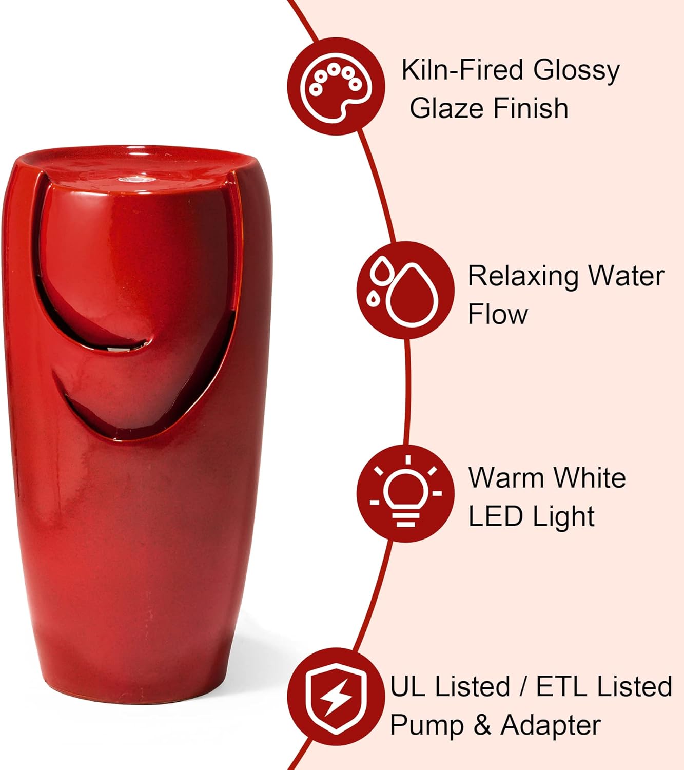 Glitzhome 29.25" H Oversized Ceramic Vase Outdoor Water Fountain Tall Patio Garden Water Fountain with LED Light and Submersible Pump Yard Art Decor, Red