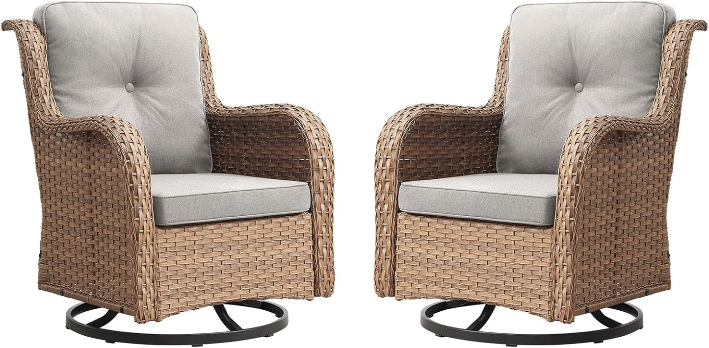 Outdoor Patio Swivel Rocker Chairs - Wicker Rattan Patio Swivel Rocking Chairs Set of 2 with High Back,Deep Seating and Comfort Cushions for Deck Porch Garden,Yellow/Beige