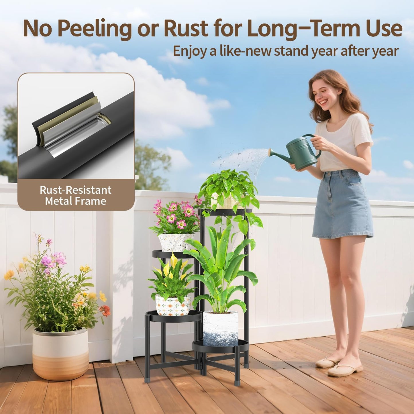 LASZOLA 4 Tiered Folding Plant Stand Indoor for Multiple Large Planter, Tall Heavy Duty Adjustable Rack with Rust Proof 10 Inch Wide Tray, Sturdy Vertical Tree Organizer for Narrow Inside Floor, Black