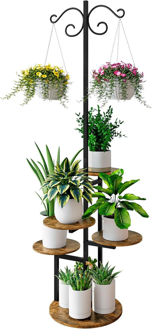 Plant Stand Indoor 5 Tier 8 Potted with hook hanging basket Multiple Flower Pot Holder for Patio Garden Balcony Living Room Corner (5 Tier with hook Black+Rustic Brown)