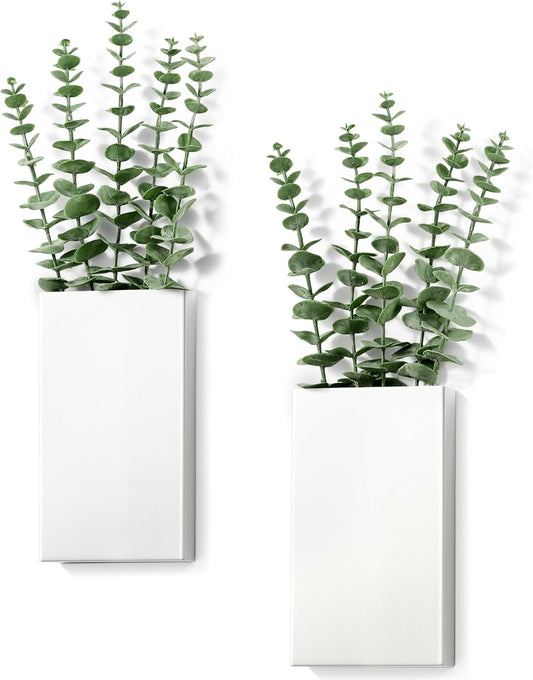 2 Pack Metal Wall Planter Vases Decor with Artificial Eucalyptus, Modern Farmhouse Rustic Hanging Pocket Planters for Indoor Greenery and Flowers, Living Room Bedroom Kitchen Decoration, White