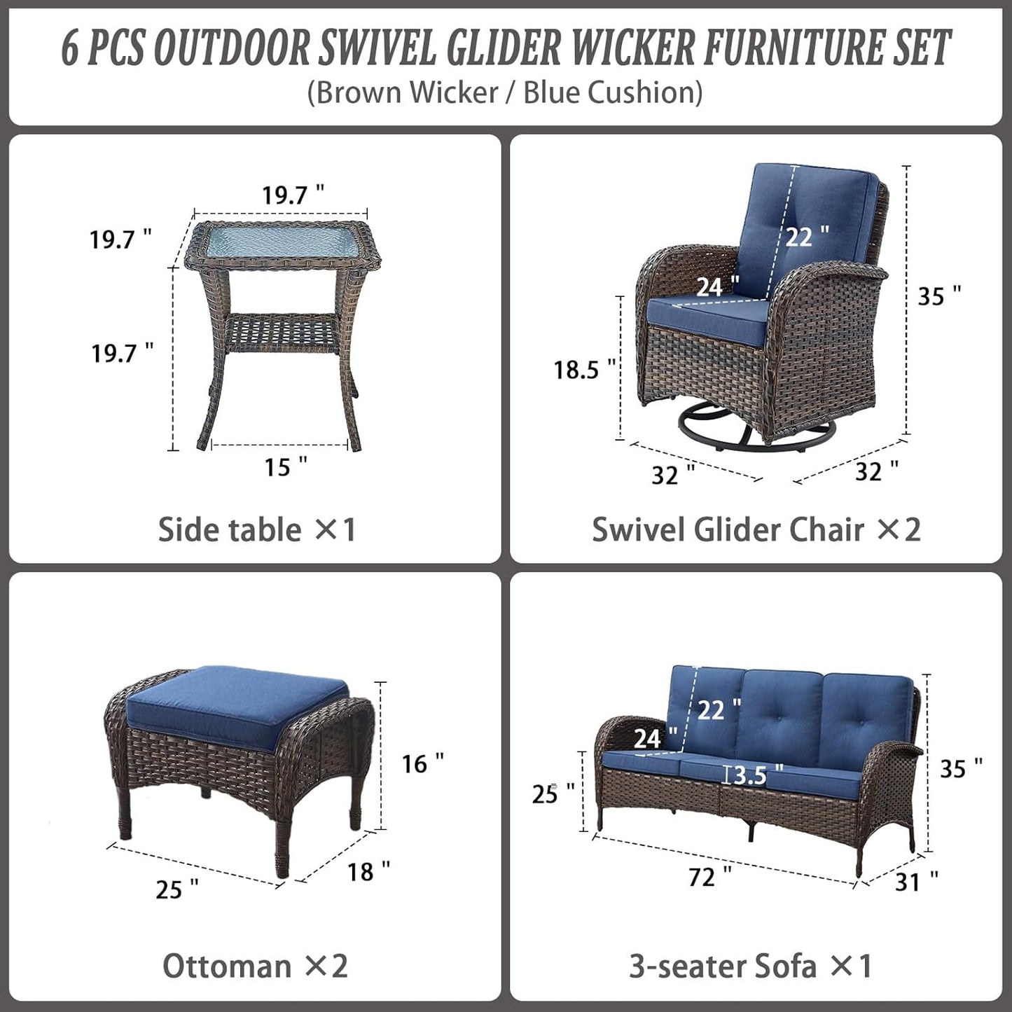 6 Piece Patio Conversation Sets - Wicker Patio Furniture Sets with Outdoor Swivel Rocker Chairs Outdoor Couch Perfect for Patio Deck Backyard, Brown Wicker Blue Cushion