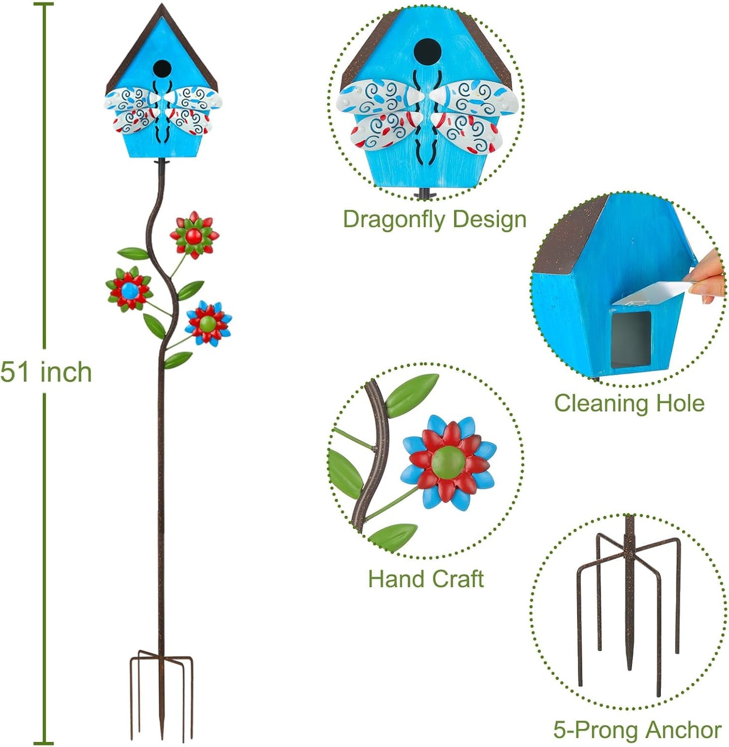 51” Bird Houses Stake for Outside, Metal Wild Bird Feeder Birdhouse Stake Pole with Dragonfly Design Outdoor Decorations for Patio, Backyard, Garden