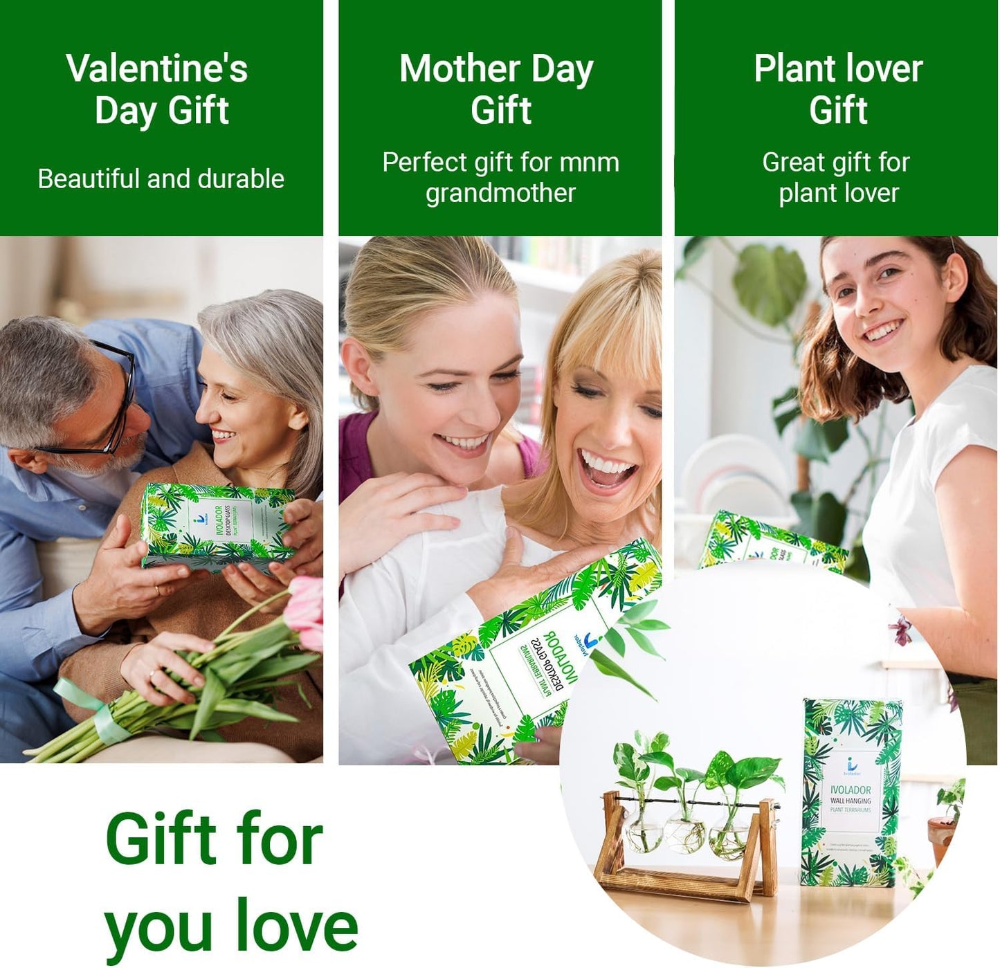 Ivolador I Plant Propagation Station, Bulb Plant Terrarium with Wooden Stand, Unique Gardening Gifts for Women, Hydroponic Indoor Planter, Home Office Garden Wedding Decor - 3 Bulb Glass Vases