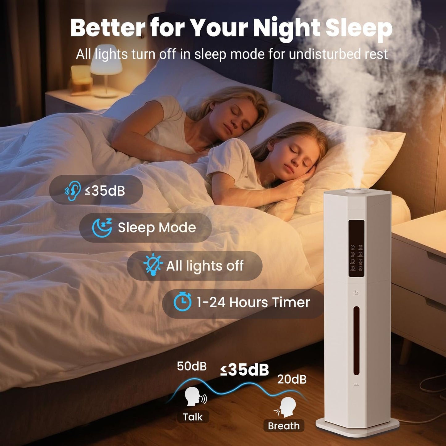 Humidifiers for Bedroom - GloryAir 2.38Gal/9L Top Fill Cool Mist Humidifier for Large Room 500ft² 120H Last with Auto Mode 7-Color Light Humidistat Aroma Box Quiet Humidifiers for Plants Baby & Adults