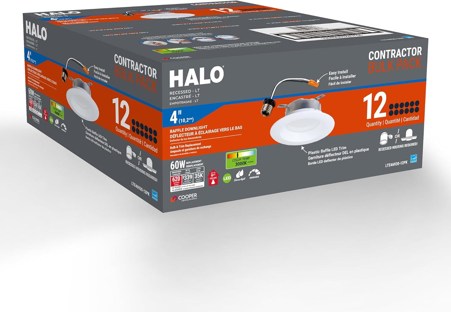 HALO LTE 4 Inch Indoor/Outdoor Recessed LED Trim Can Light, 3000K - Contractor Value Pack (12-Pack) - LTE46930-12PK