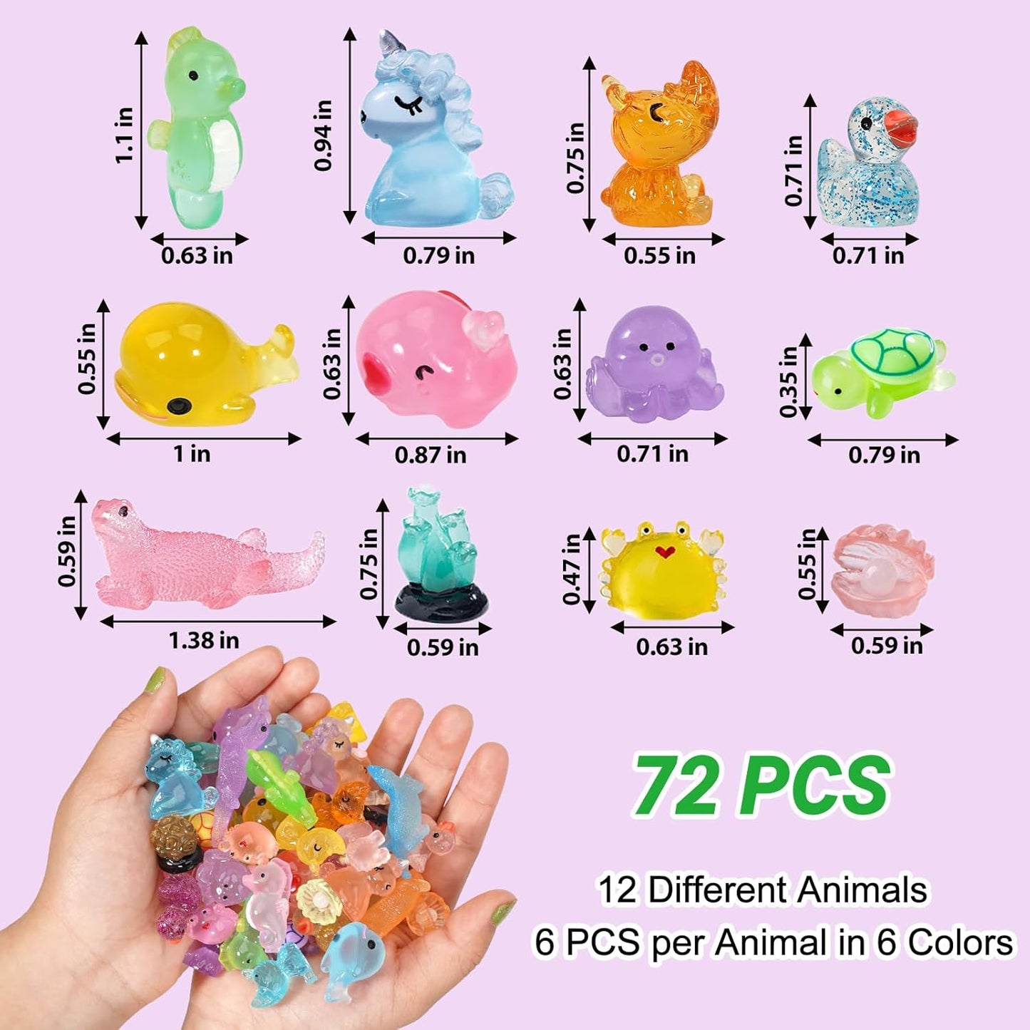 Luminous Mini Resin Animals Figures to Hide, 72 PCS Small Animal Figurines Tiny Plastic Animals Bulk Glow in The Dark, Little Ducks Miniature Turtles Micro Unicorns for Fairy Garden Aquarium Decor