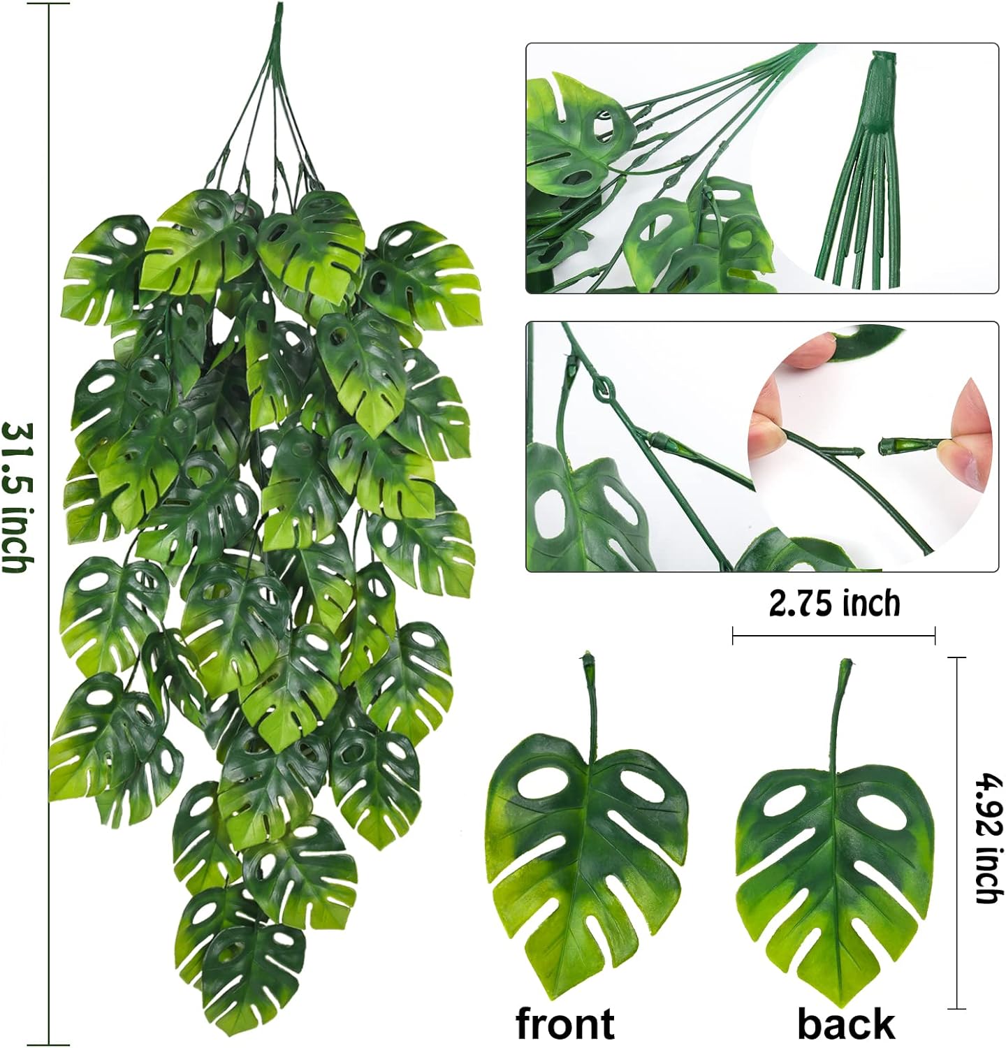 RECUTMS Artificial Hanging Plants 2 Pack, Fake Monstera Leaves Ivy Vine Faux Greenery UV Resistant Outdoor Tropical Palm Leaf Plant for Garden Home Jungle Hawaiian Luau Party Spring Summer Décor