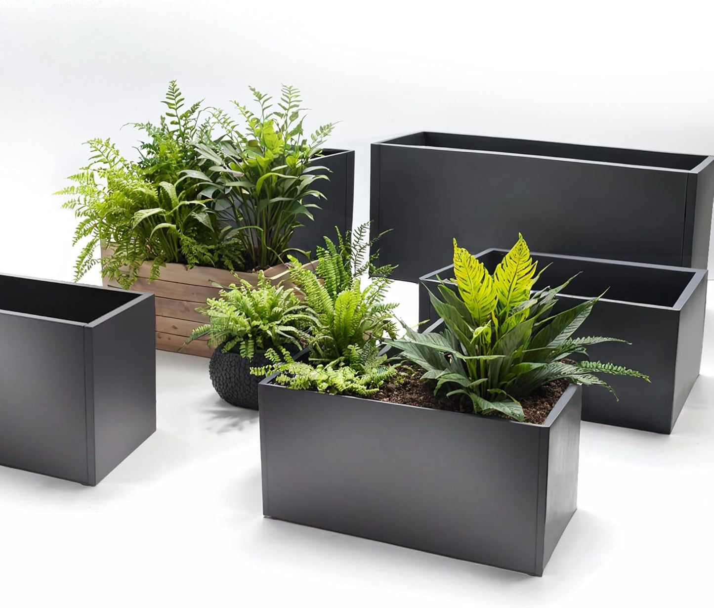 GSK Black Metal Planter Versatile Box with Drainage Holes Galvanized Painted Iron Flower Boxes for Indoor Outdoor Use Ideal Patio Balcony Garden Elevated Plant Bed