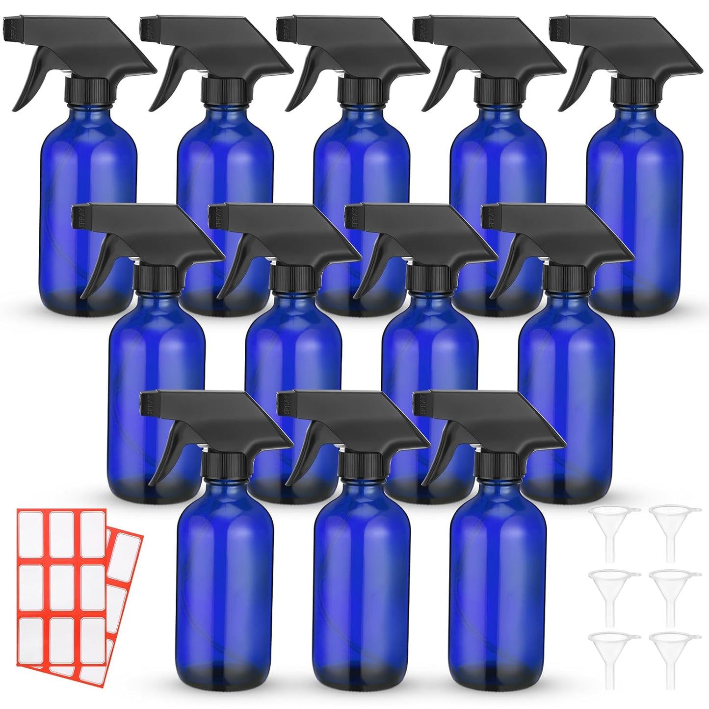 Norme 12 Pcs 8 oz Glass Spray Bottles with Funnels and Labels Refillable Cosmetic Empty Spray Bottles with Sprayer Containers for Essential Oil Cleaning Solutions(Blue,Classic)