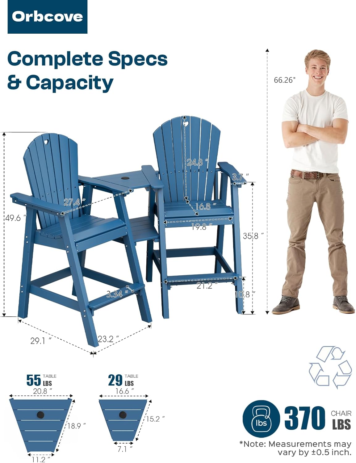 Tall Adirondack Chairs Set of 2-Durable HDPE Outdoor Bar Stools with Double Connecting Tray, Weatherproof Patio Furniture for Poolside, Backyard, Deck & Lawn Relaxation (Navy Blue)