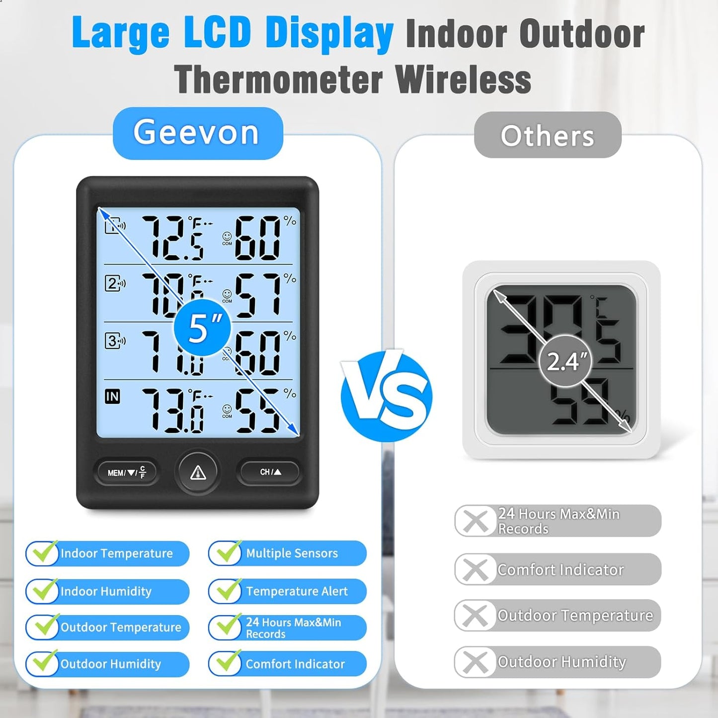 Geevon Indoor Outdoor Thermometer Wireless 3 Remote Sensors, 5-Inch Display Digital Hygrometer Thermometer Temperature Humidity Monitor with 8S Backlight, Battery-Powered (Black)