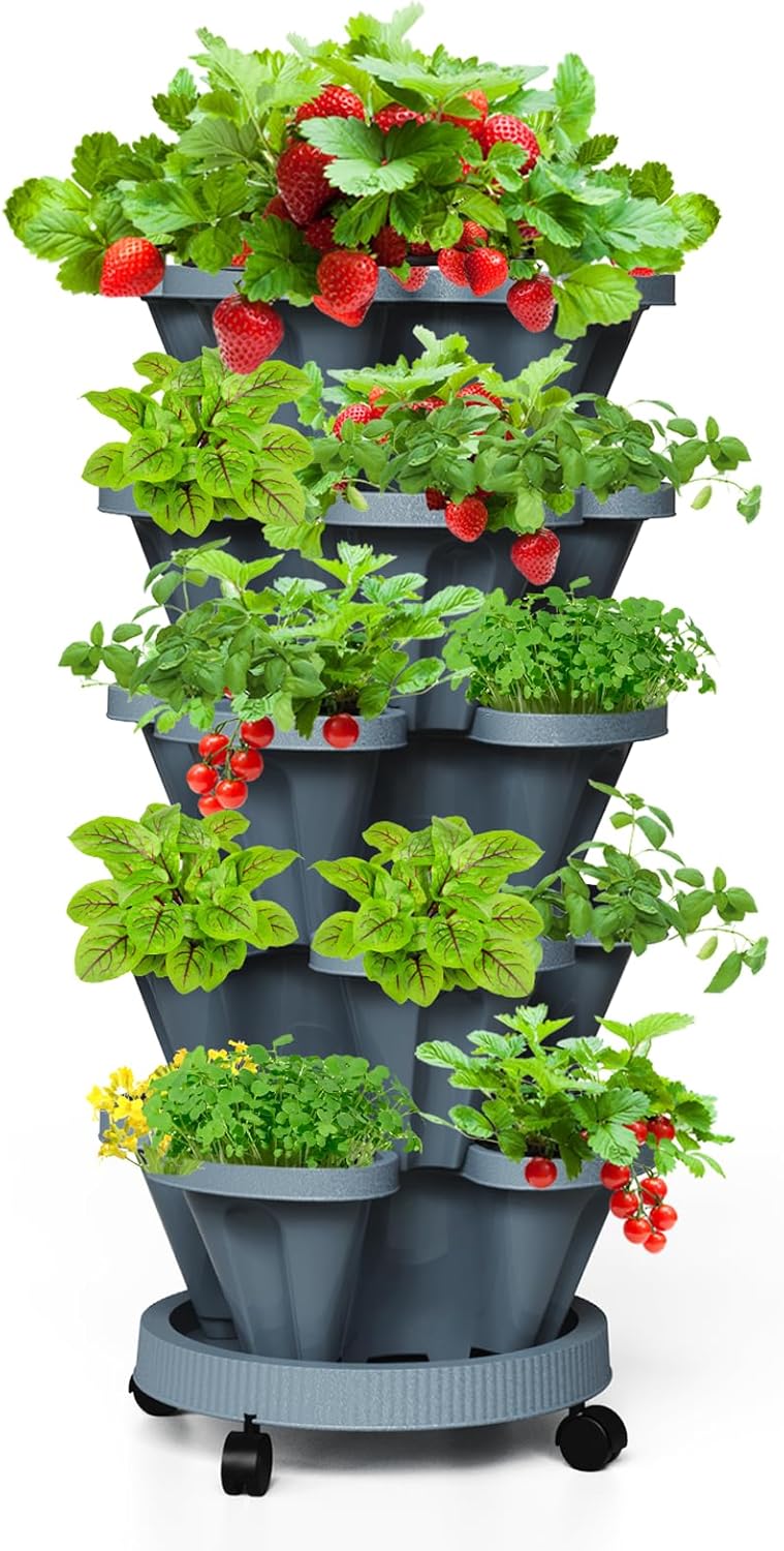 Strawberry Vertical Planters, 5 Tiered Stacking Tower Garden, Stackable Herb Vegetable Planters with Movable Casters and Bottom Saucer Indoor and Outdoor - Dark Grey