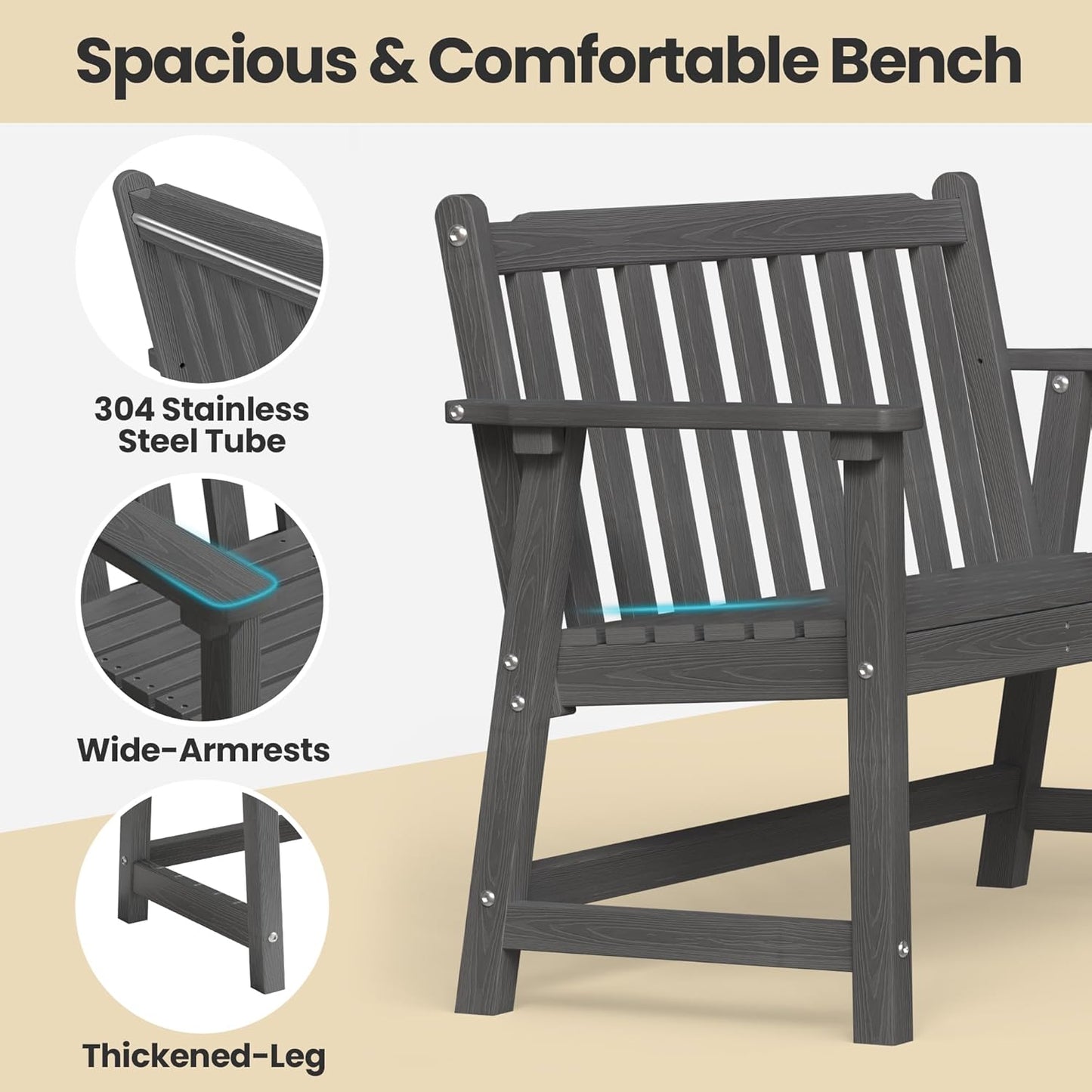 Ciokea 44" Outdoor Bench, HDPE Weatherproof Garden Bench, 2-Person Porch Benches with 550 Lbs, Waterproof Patio Benches for Outside Balcony Deck Backyard, Dark Grey