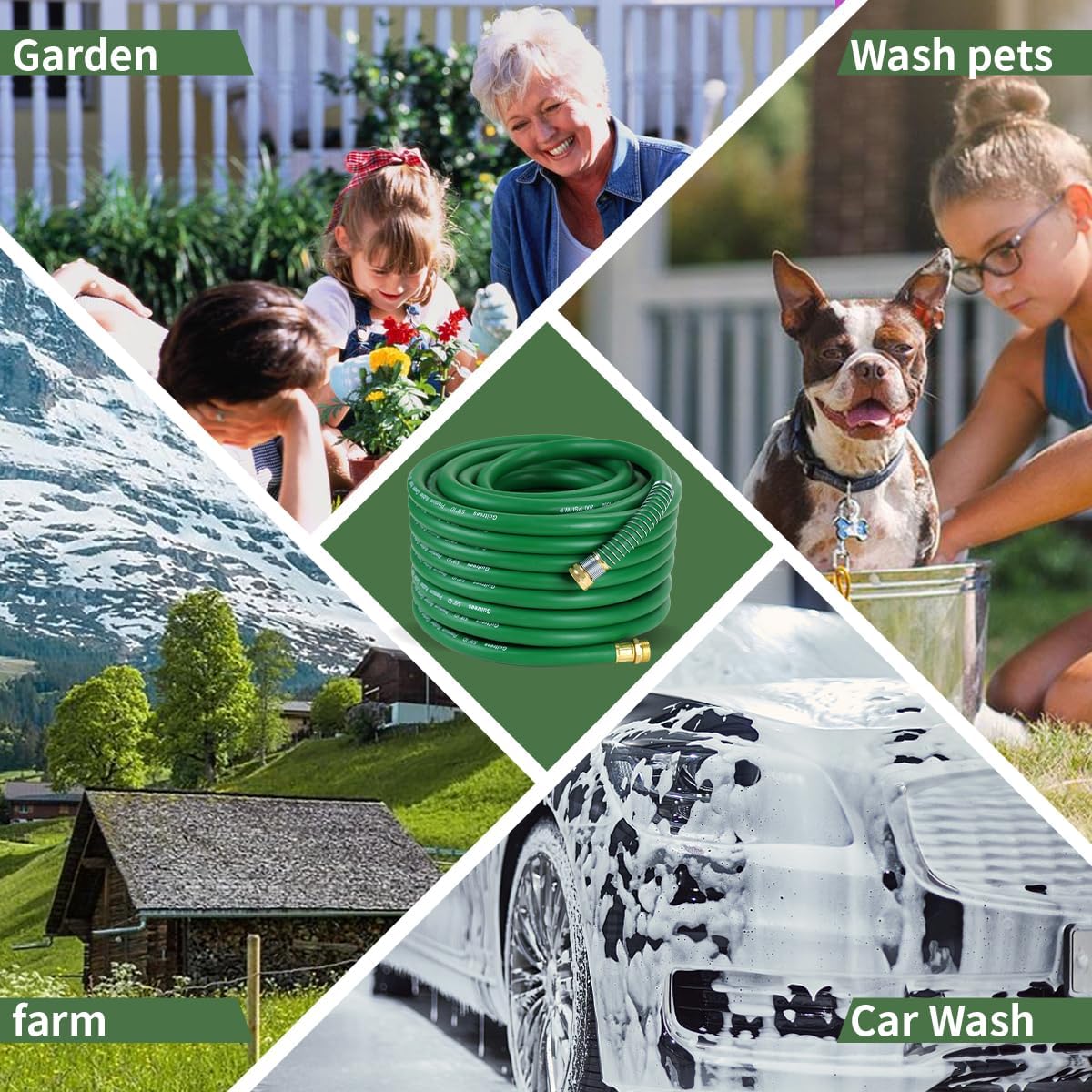 100FT 5/8 Heavy Duty Rubber Garden Hose - 200psi Working, 1000psi Burst - Hot/Cold Water - Five-Layered Braiding for Durability - Versatile for Gardening, Agriculture, Construction(Green)