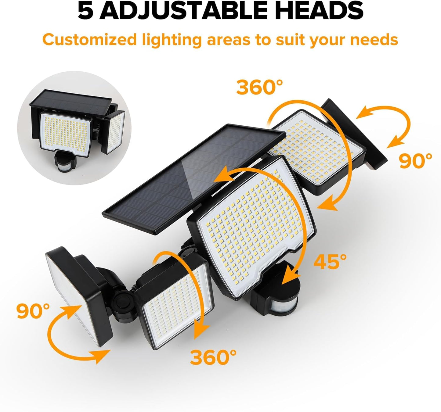 UME Solar Outdoor Lights 620 LED 4500LM, IP65 Waterproof Motion Sensor Outdoor Lights, 5 Heads Solar Security Flood Light 270 Wide Lighting Angle with 3 Modes for Garden Patio Yard - 2 Pack