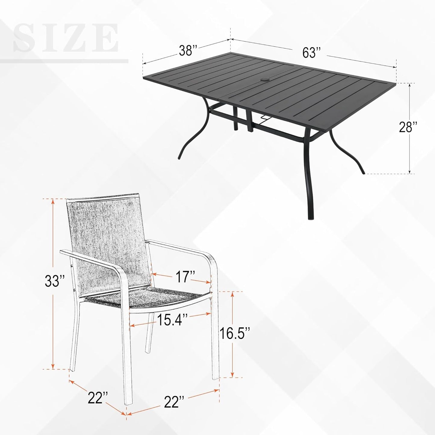 7-Piece Outdoor Patio Dining Set, 6 Stackable Patio Chairs & 63.5''Rectangular Dining Table with All Weather Frame Furniture Set - Cherry
