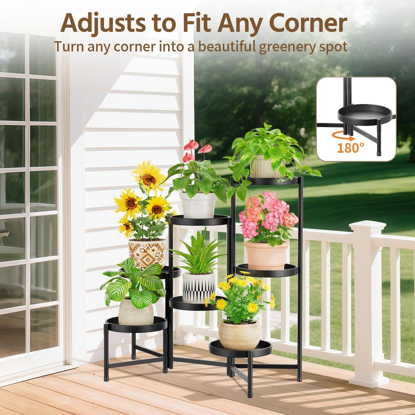 LASZOLA 7 Tiered Folding Plant Stand Indoor for Multiple Large Planter, Tall Heavy Duty Adjustable Rack with Rust Proof 10 Inch Wide Tray, Sturdy Vertical Tree Organizer for Narrow Inside Floor, Black