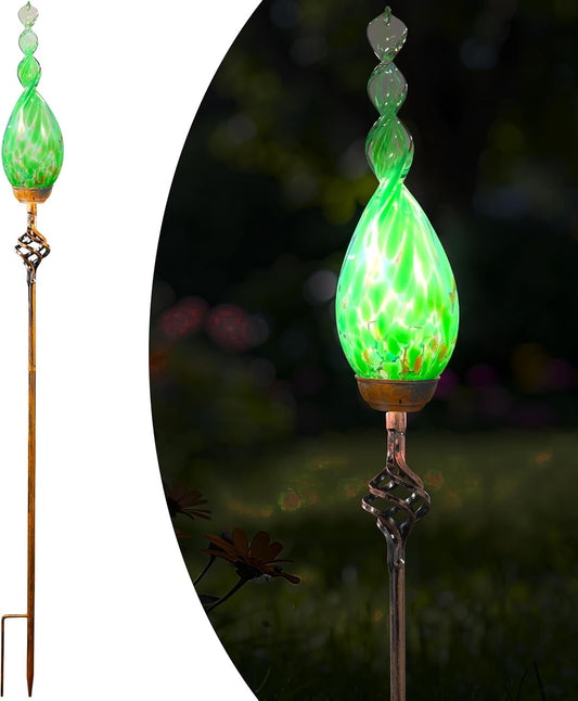 Solar Garden Lights, Decorative LED Flame Garden Stakes, Hand Blown Glass and Outdoor Waterproof Glass Stakes (Green)