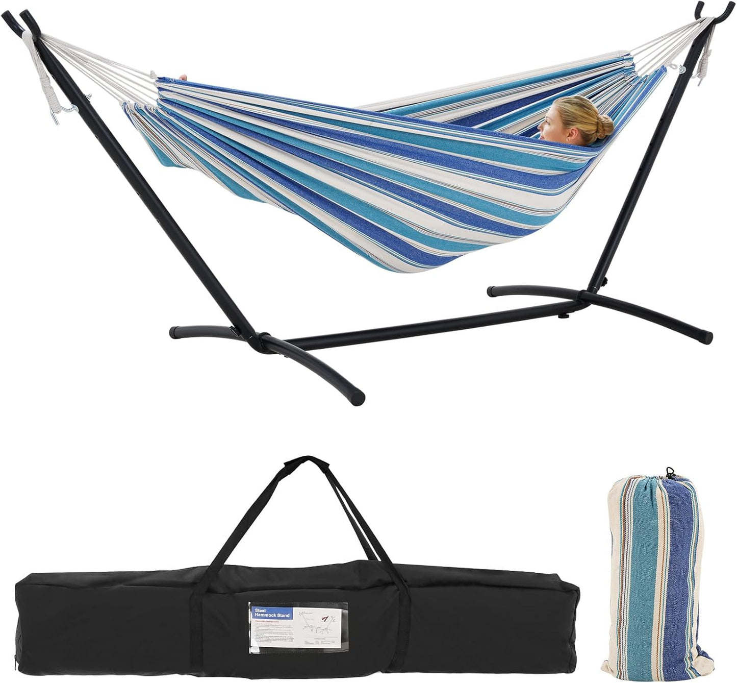 Double Hammock with Stand Included 450lb Capacity Space Saving Steel Stand,Premium Carry Bag Included,Suit for Outside,Indoor,Yard,Camping(Ocean).