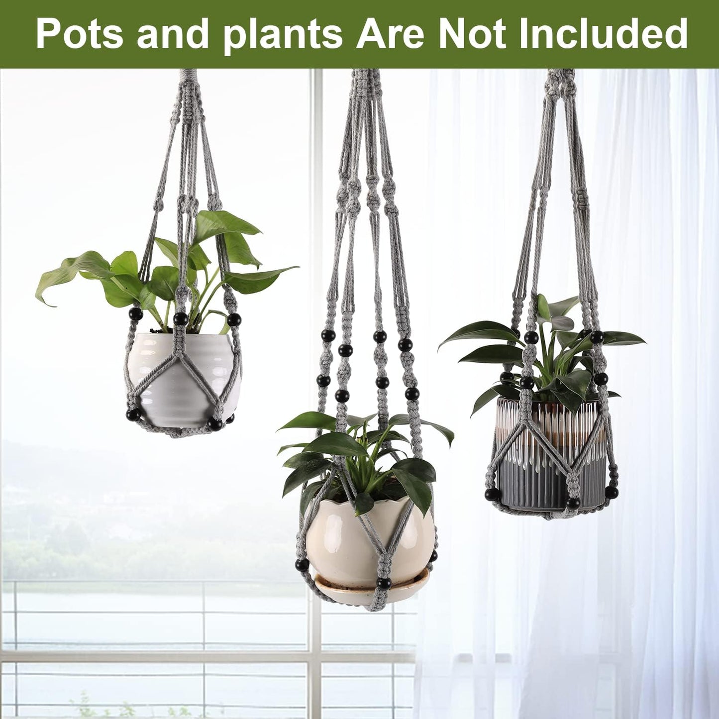 3-Pack Macrame Plant Hanger Indoor - Hanging Planter Basket for Indoor Outdoor - Decorative Boho Plant Holders Set with Beads - Ceiling Flower Pot Holder with 6 Hooks - 35"/30"/24" Gray