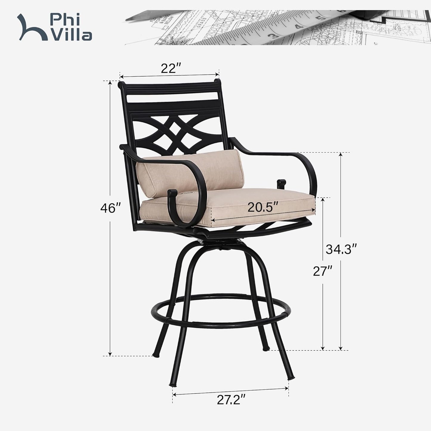 PHI VILLA Outdoor Swivel Bar Stools Set of 6，Patio Counter Height Bar Chairs with Back and Armrest，Metal,Black