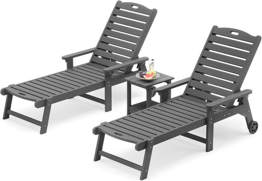 LUE BONA Chaise Lounge Chairs Set with Table, 3-Piece, 79'' Oversized HDPS Chaise Lounger, 5 Positions Adjustable Lounge Chairs, Pool Lounge Chair with Wheels for Poolside, 3 Year Warranty, Dark Gray