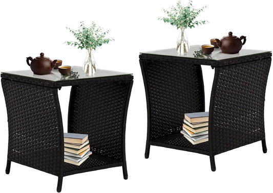 Outdoor Small Patio Table - PE Rattan Coffee Table, Wicker Side Table for Patio, Balcony & Porch, Durable & Iron Frame (2, Dark Black)
