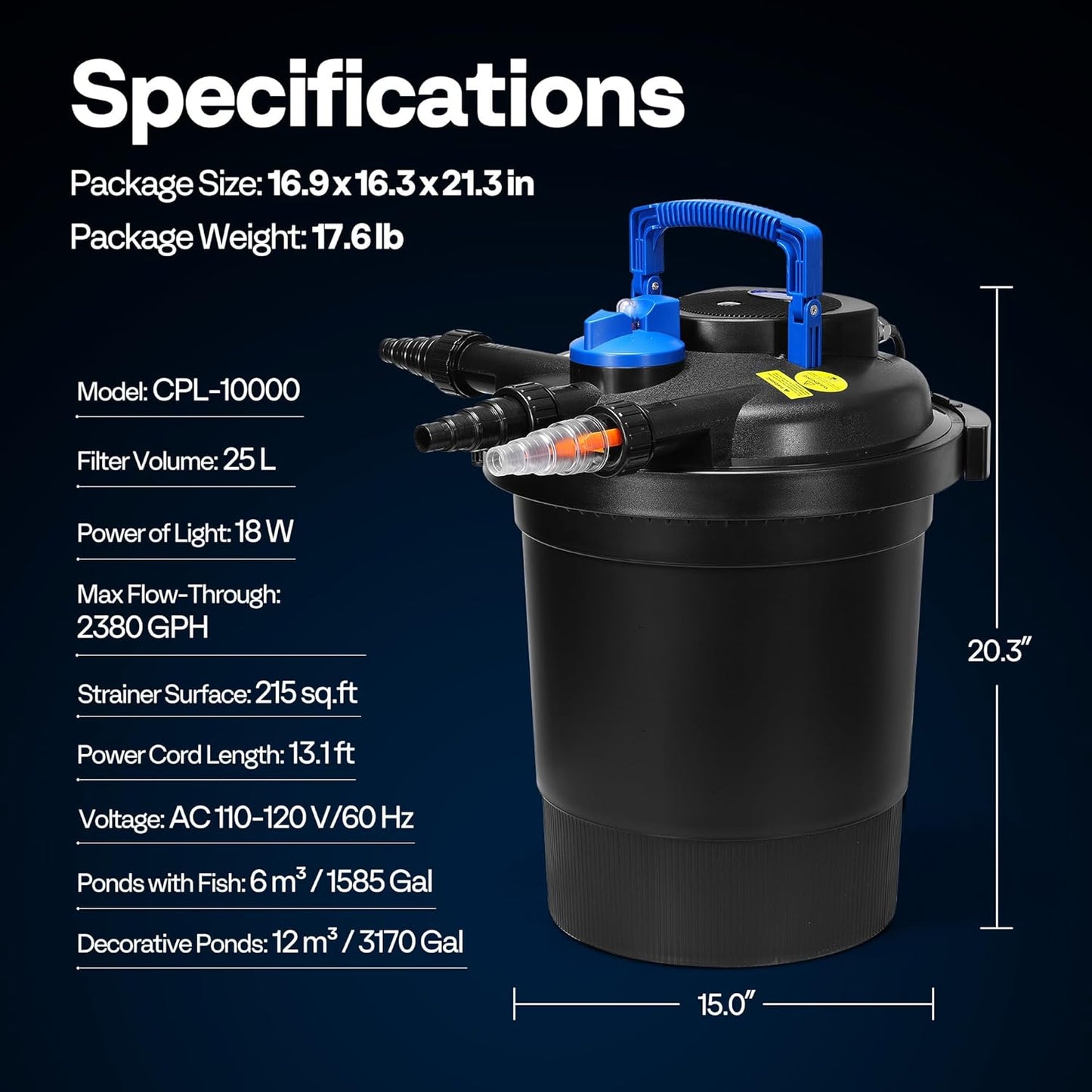 VIVOHOME 2380GPH Bio Pressure Pond Filter with 18W Light, Multi-Size Adapters for Koi Ponds up to 1585 Gallons or Ornamental Ponds up to 3170 Gallons