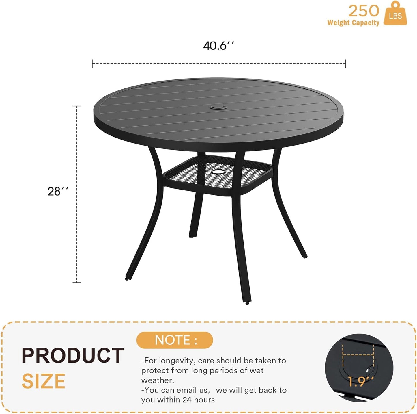 VICLLAX 41.2"x 28" Outdoor Round Patio Table for Lawn Garden, All Weather Metal Round Patio Dining Table with Adjustable Umbrella Hole, Patio Table for 4 Person, Black Tabletop