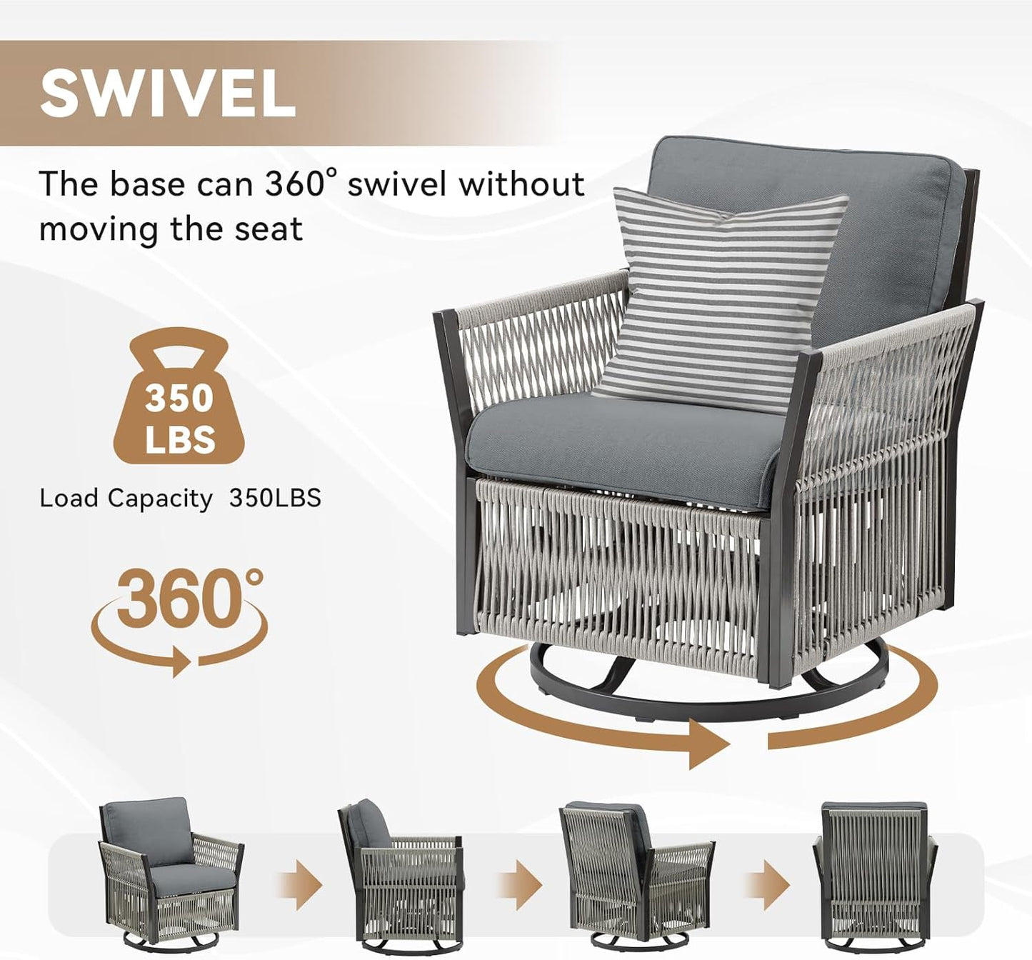 Patio Bistro Chair Set, 2 Pieces Rope Swivel Wicker Chairs Porch Furniture Sets, All-Weather Aluminum Rocking Outdoor Conversation Set for Porch, Deck, Poolside w/Cushion - Dark Grey