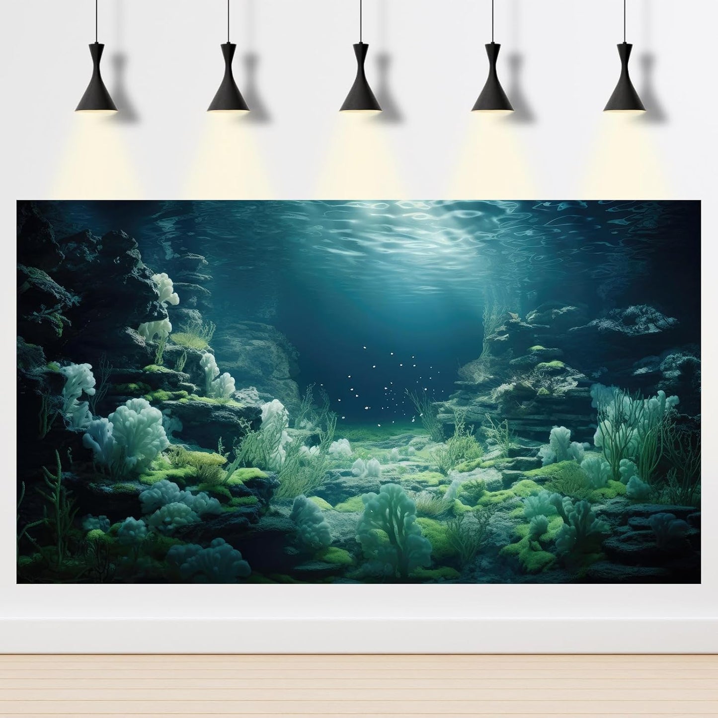Aquarium Background Underwater Bioluminescent Life Coral Terrarium Backdrop White Coral Lush Moss Fish Tank Background Rock Sunlight Rays Tank Aquarium Wallpaper Poster Vinyl 48x20in