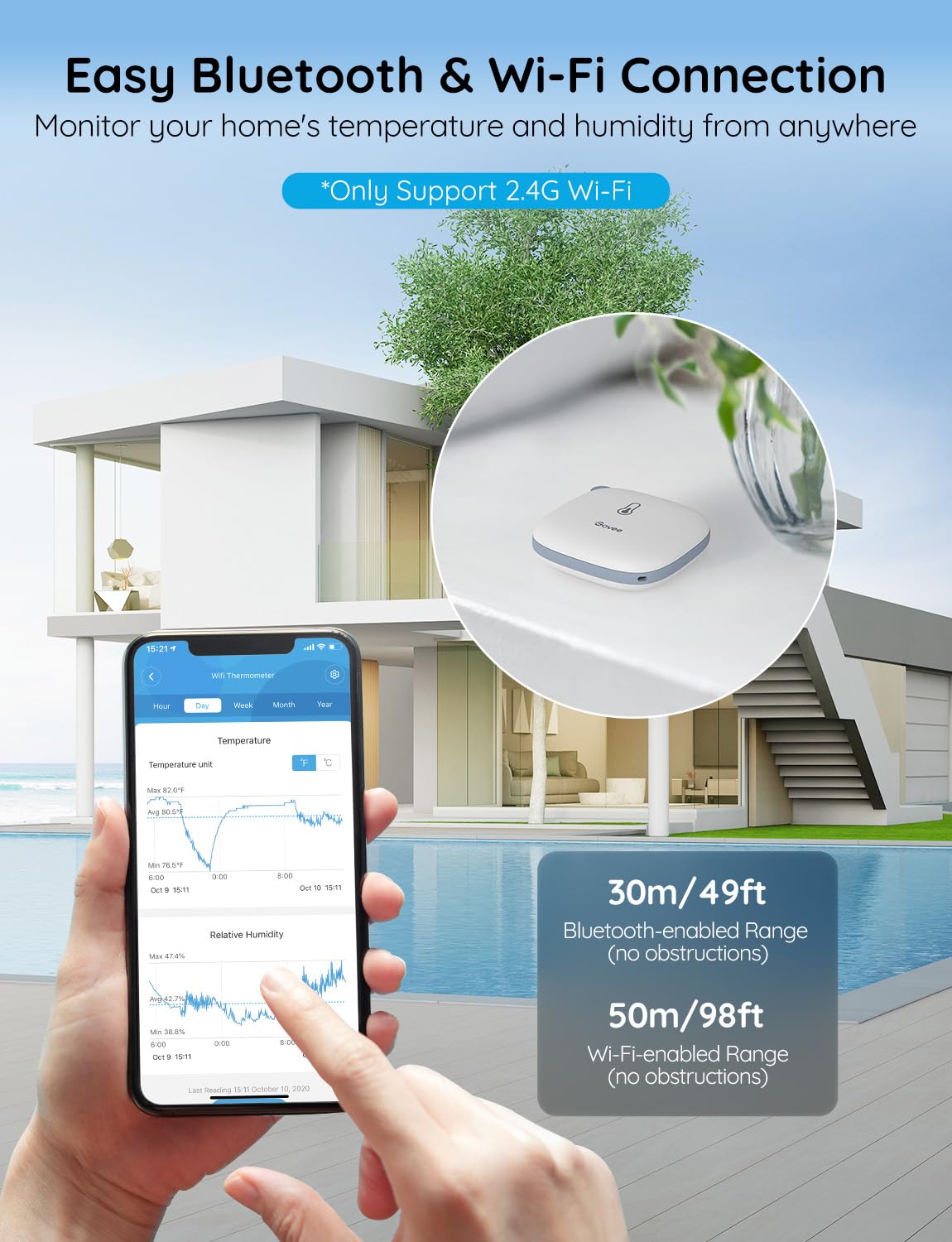 Govee WiFi Thermometer Hygrometer H5179, Smart Humidity Temperature Sensor with App Notification Alert, 2 Years Data Storage Export, Remote Monitor for Room Greenhouse （Only Support 2.4G Wi-Fi）