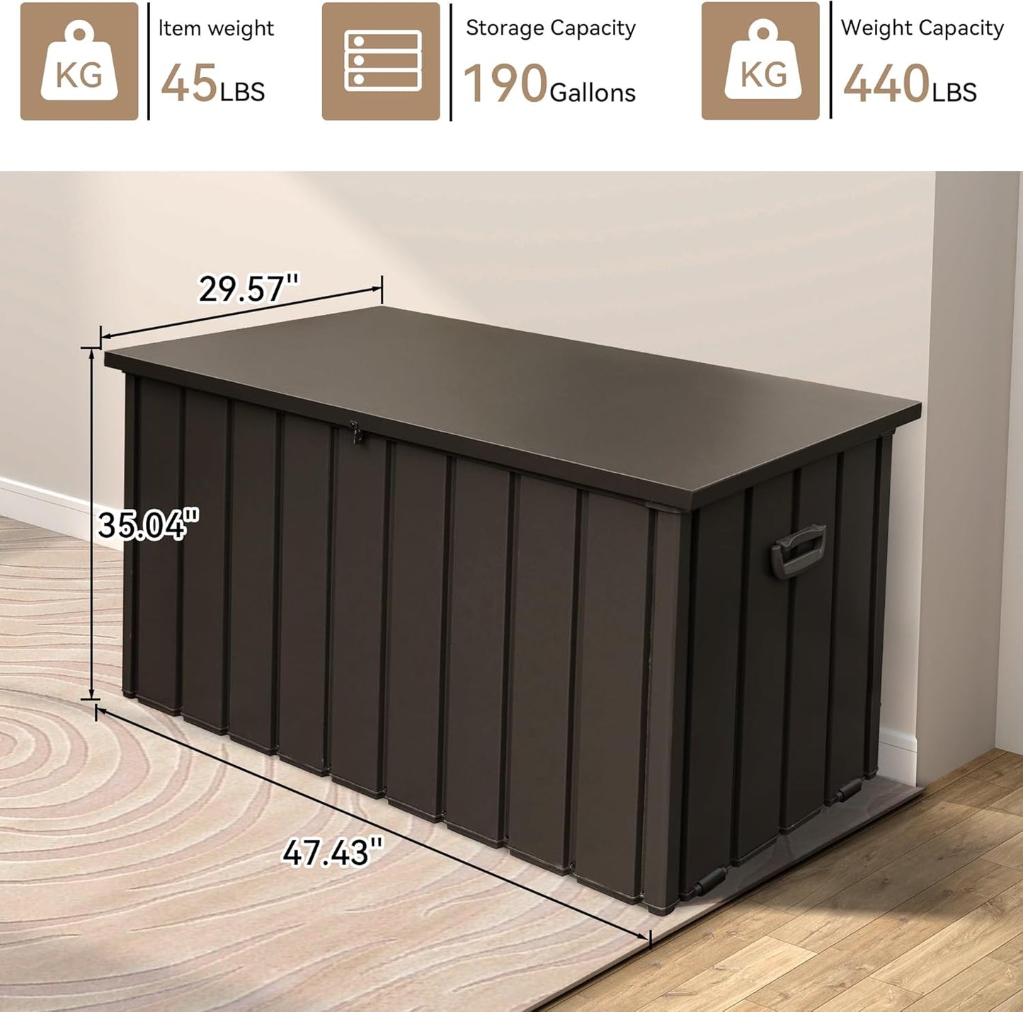 190 Gallon Metal Deck Box, Waterproof Steel Outdoor Box, Large Patio Furniture Storage Cabinet, Lockable Storage Bench for Porch Package Delivery, Pillows, Cushions, Pool, Tools, Backyard, Brown
