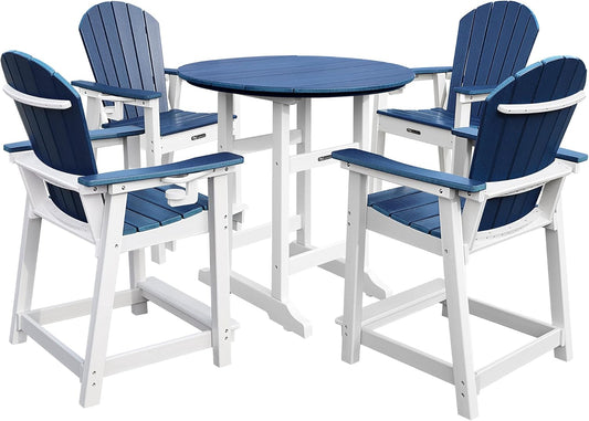 Tall Adirondack Chairs Patio Bar Tables Set of 5 Weather Resistant HDPE 35" Round Outdoor Bar Adirondack Barstools Plastic Height Table Pub, for Garden, Backyard, Yard, Pool, Fire, Pit (Blue)