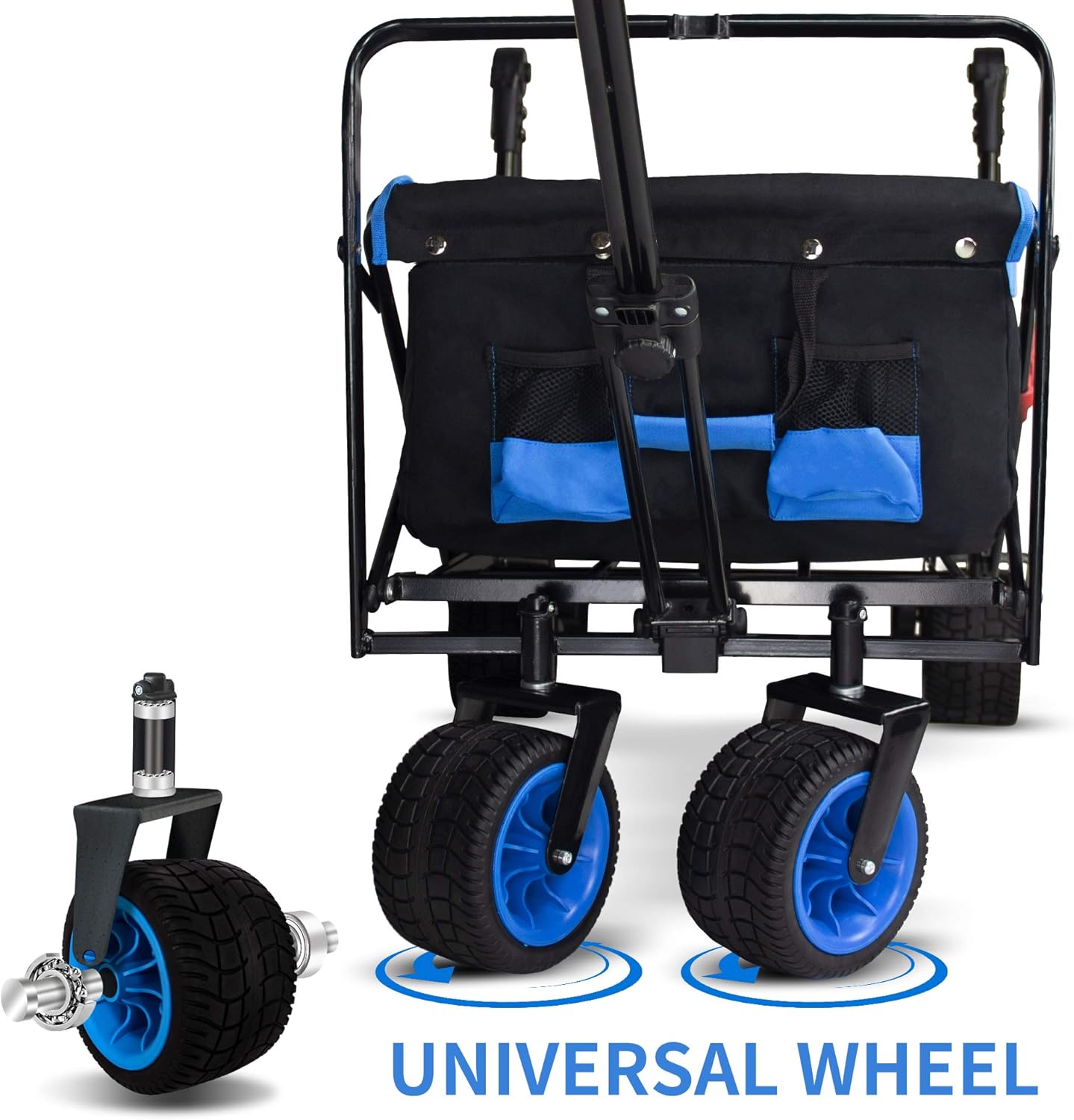 TMZ All Terrain Wide Wheel Utility Folding Wagon, Collapsible Garden Cart, Heavy Duty Beach Wagon Trolley with Adjustable Push Handle and Brake, 90 L Storage, Load of 120KG(Black/Blue)