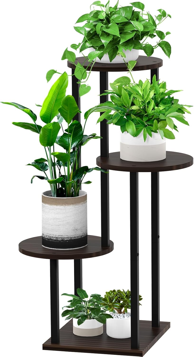 4 Tier Wood Tall Plant Stand Metal Rack Indoor, Multiple Flower Pot Holder Shelves Corner Rack, Round Planter Shelf Display Rack Storage Organizer for Patio Living Room Balcony(Black Oak)