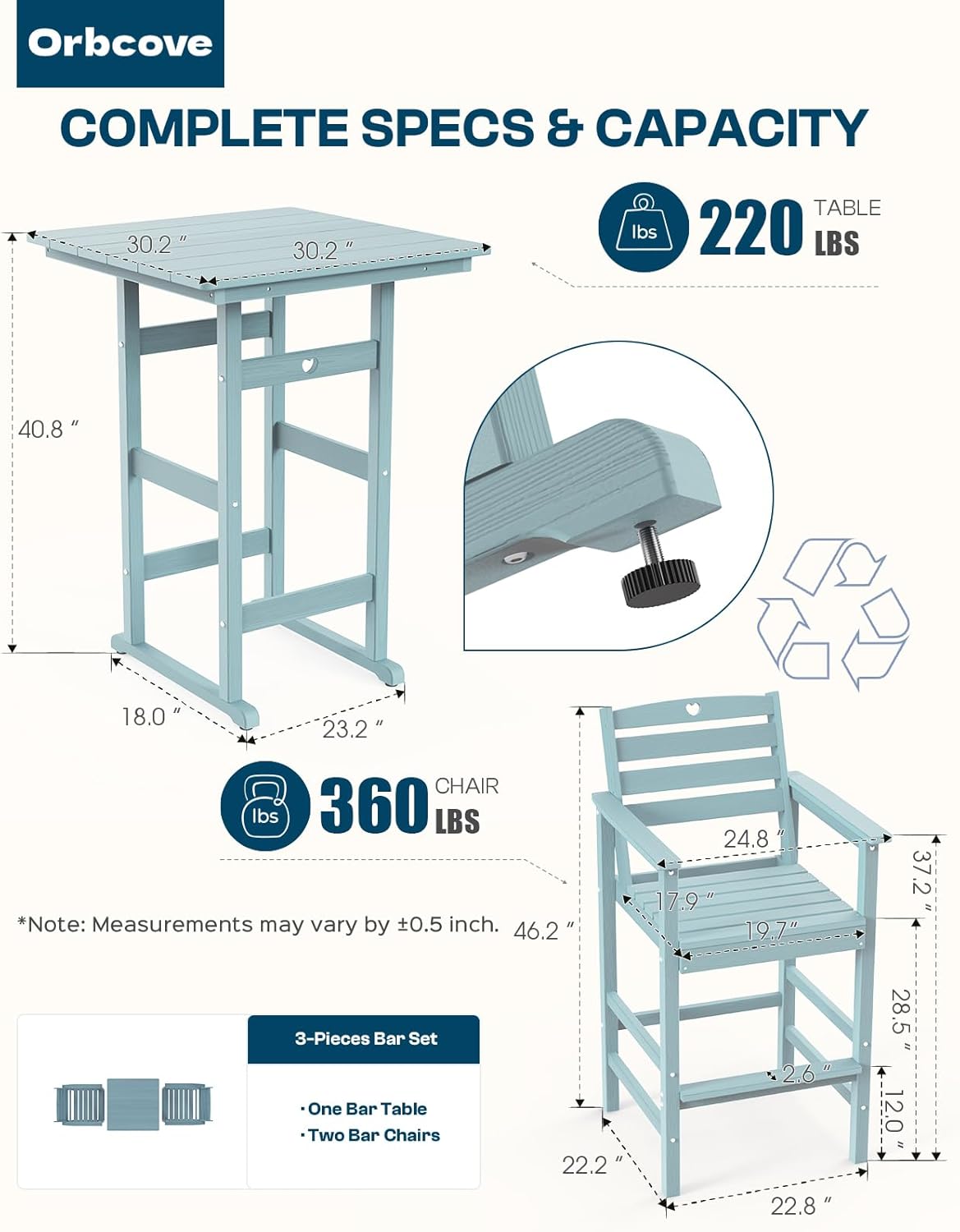 3-Piece Bar Height Outdoor Table and Chairs Set, HDPE Wood Grain Patio Bar Table and Chairs with Heart Cutout Design, Weather-Resistant Bar Height Furniture for Deck, Porch, Pool (Light Blue)