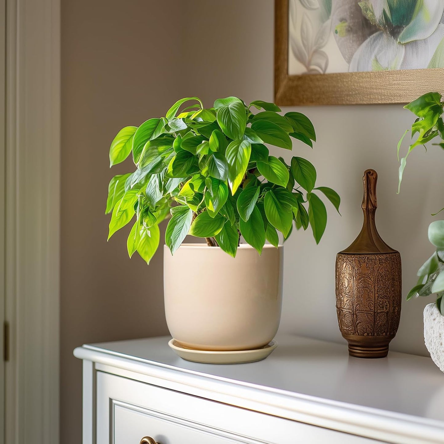 Ceramic Plant Pot - 7 Inch Mid Century Round Ceramic Planter for Indoor Plants with Drainage Hole and Saucer, Modern Home Decor, Yellow