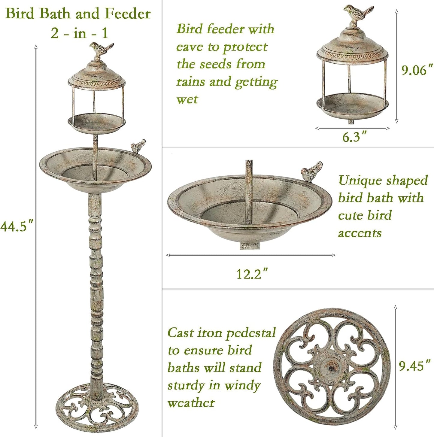 44.5" H Outdoor Metal Bird Bath Combo, Metal Bird Bath Bowl and Bird Feeder 2 in 1 Garden Yard Decoration