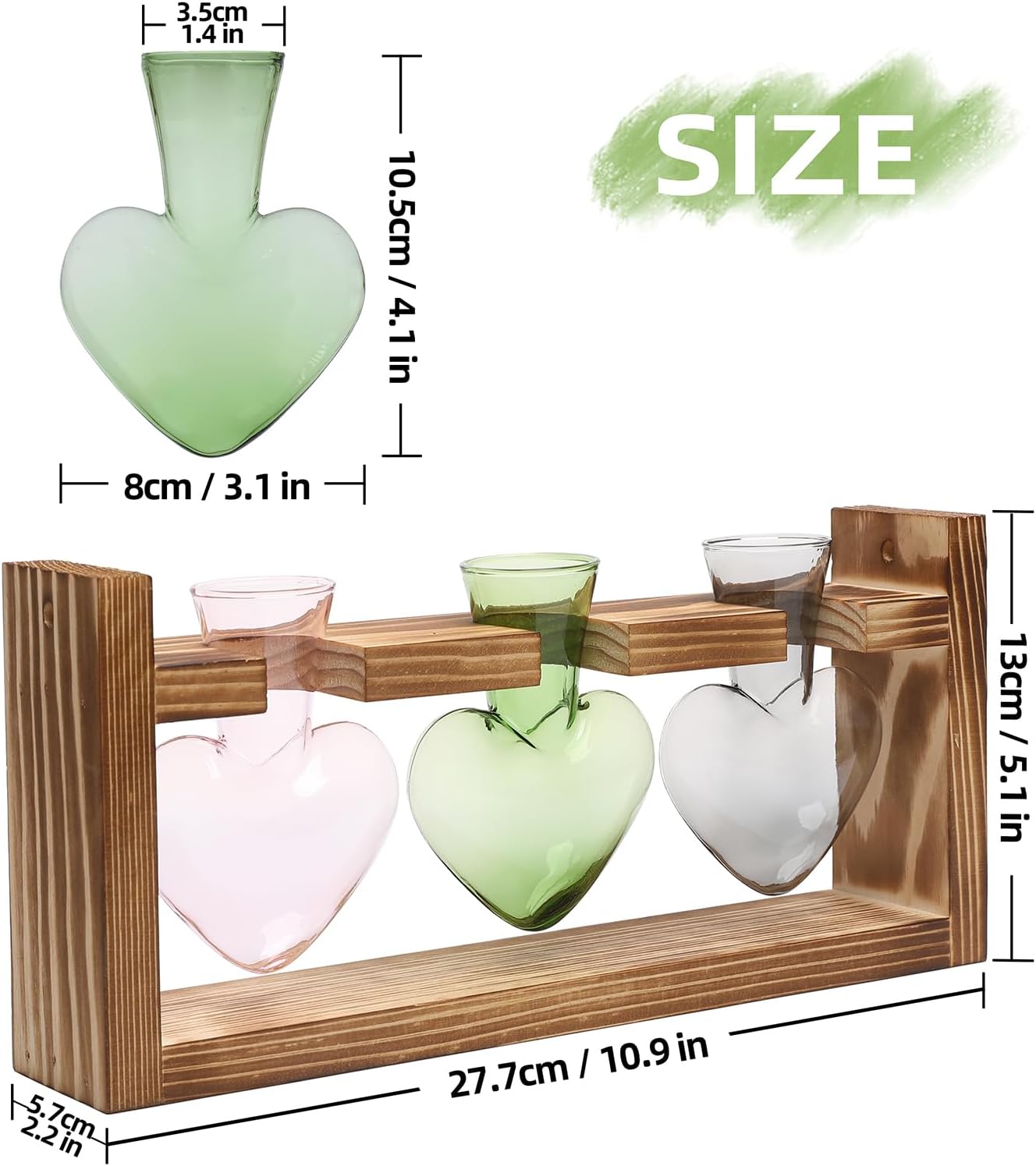 Plant Terrarium Propagation Stations Hydroponics Home Garden Decoration Gift for Women with Wooden Stand Heart Shaped Colored Glass Vase