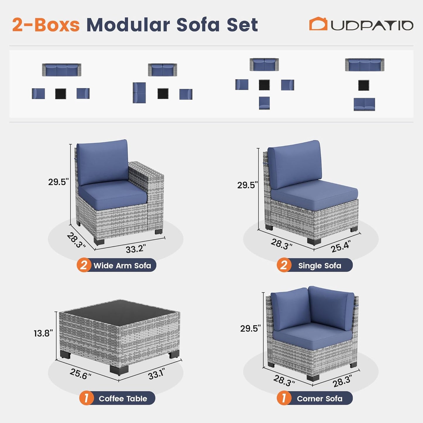 UDPATIO Patio Furniture Set, 8 Inch Armrest Outdoor Sectional Sofa, 6 Piece Wicker Outdoor Furniture Conversation Sets with Waterproof Cover and Coffee Table for Backyard Deck(Grey/Navy Blue)