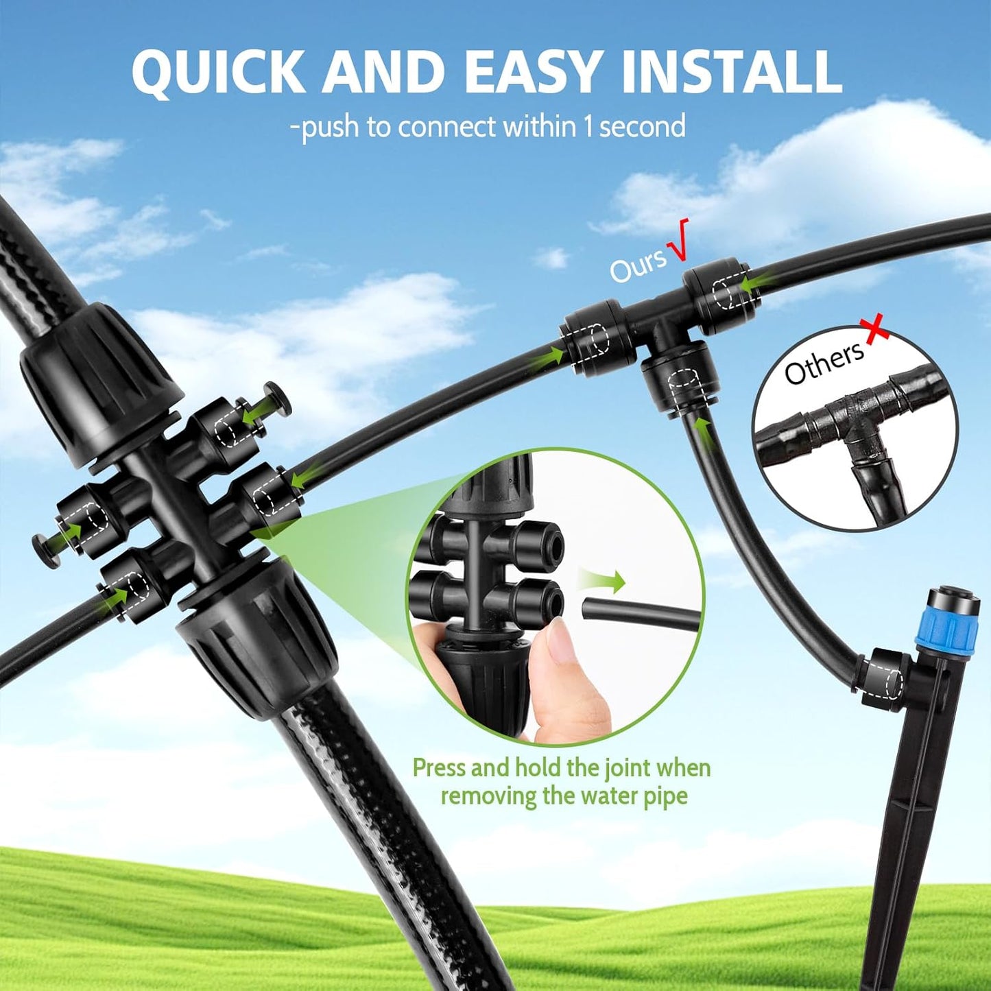 230FT New Quick-Connect Drip Irrigation System Kit, Automatic Garden Watering Misting System for Greenhouse, Yard, Lawn, Plant with 1/2 inch Hose 1/4 inch Distribution Tubing and Accessories